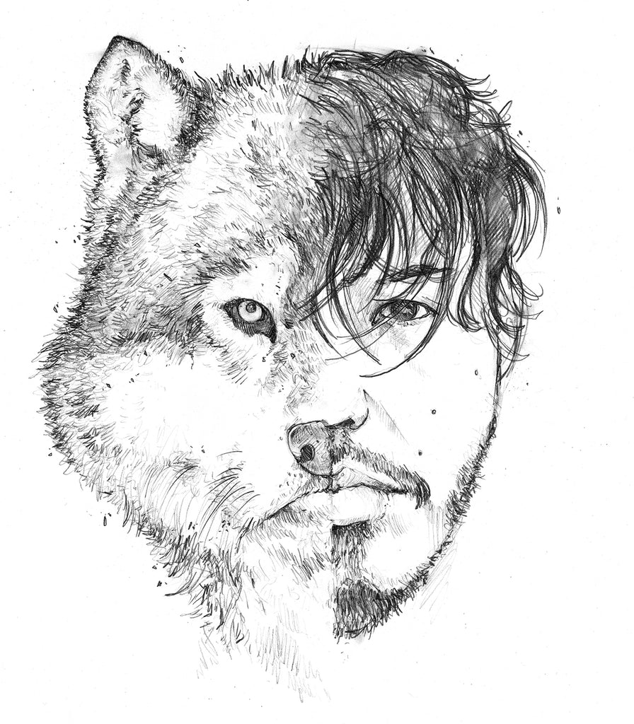 half human half wolf face drawing
