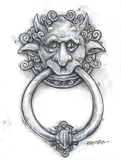 Labyrinth | Right Door Knocker | Original Black and White Marker Drawing